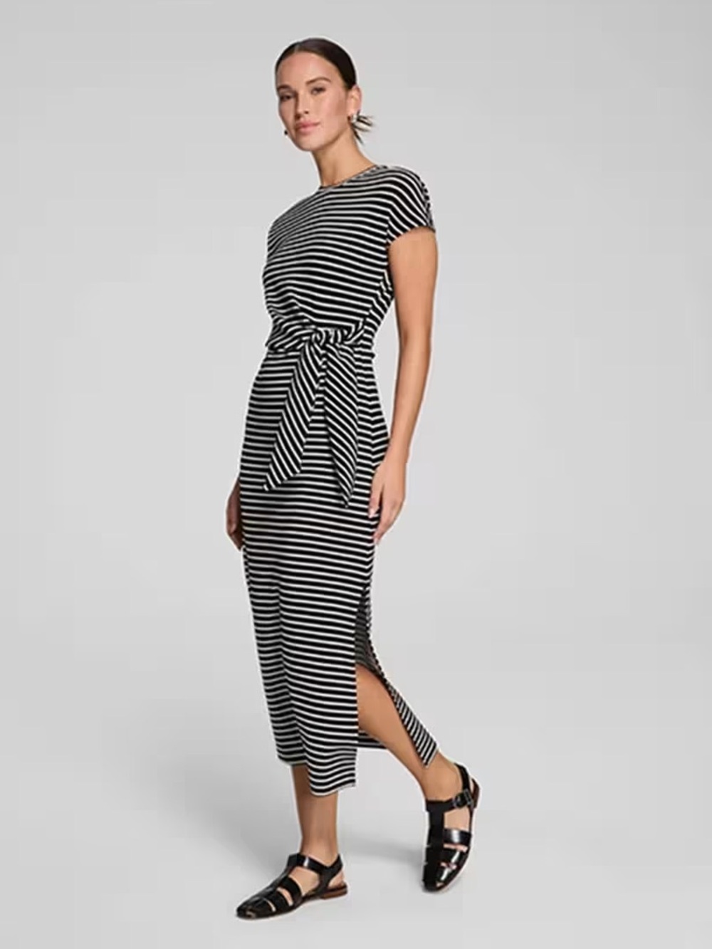 SPANX AirEssentials Tie-Waist Black and White Striped Maxi Dress S NWOT